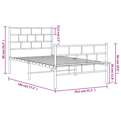 sengeramme med sengegavl og fodgærde 75x190 cm metal hvid