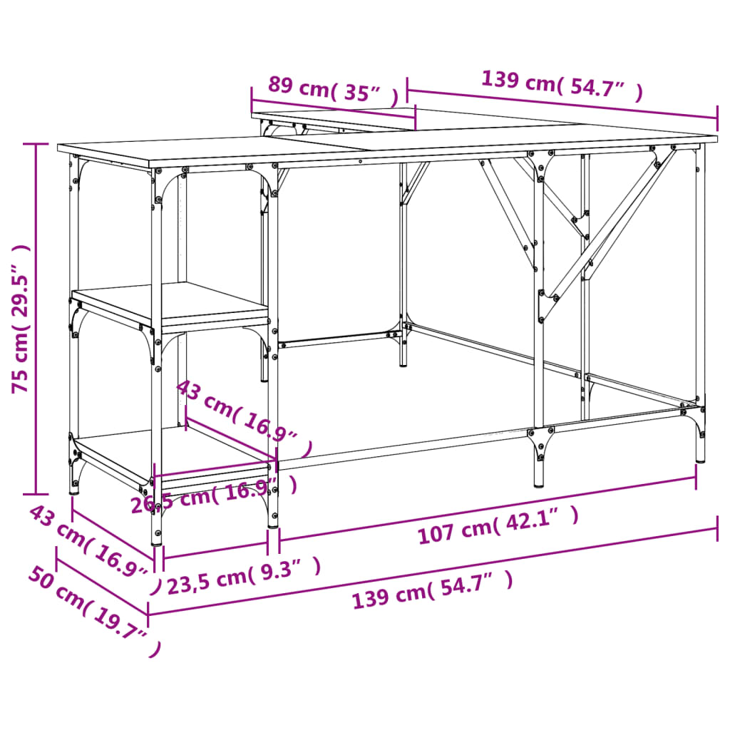 skrivebord 139x139x75 cm konstrueret træ sort