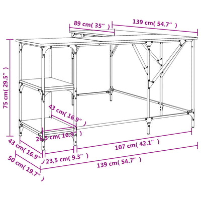 skrivebord 139x139x75 cm konstrueret træ røget egetræsfarve