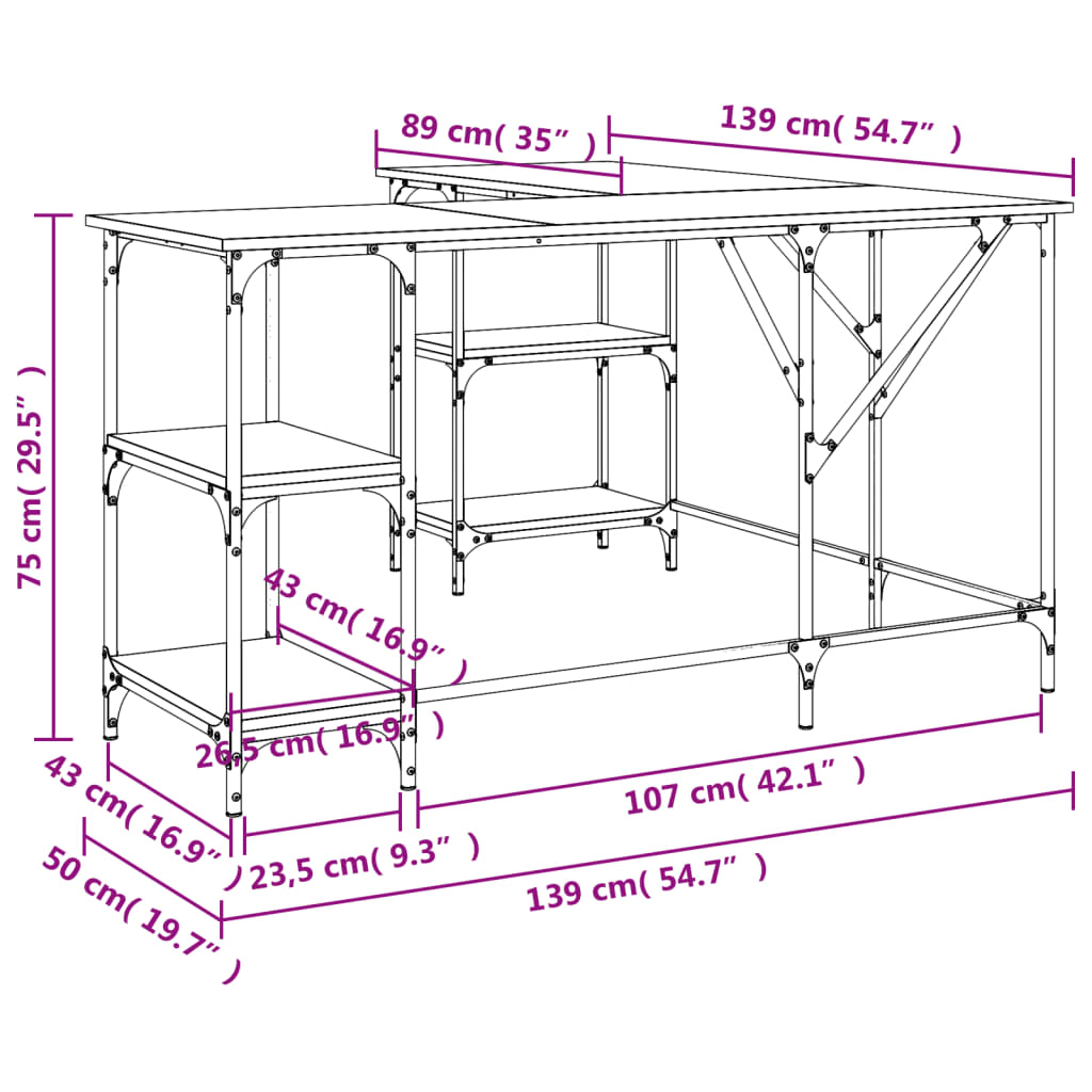 skrivebord 139x139x75 cm konstrueret træ sort