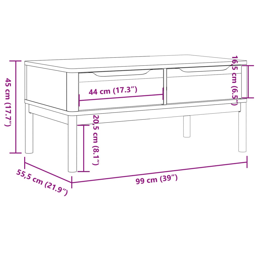 sofabord FLORO 99x55,5x45 cm massivt fyrretræ hvid