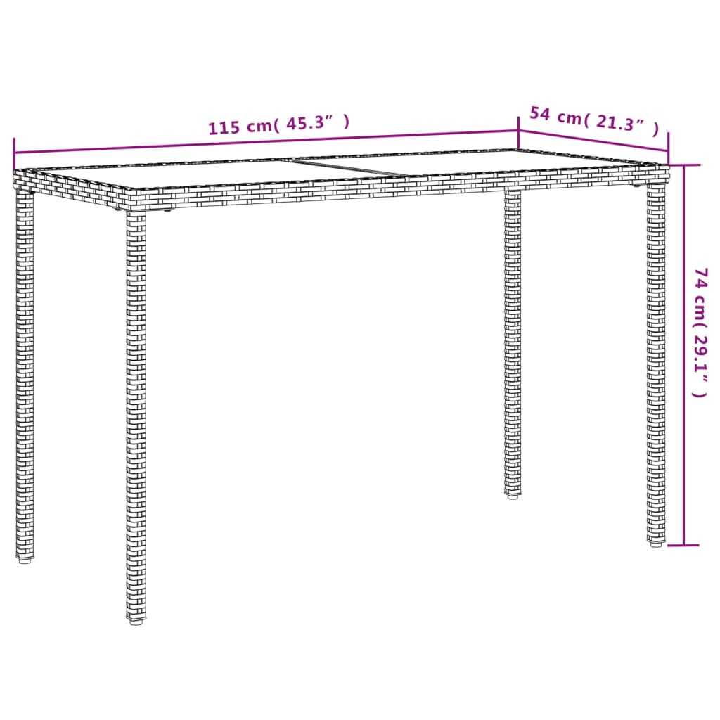 havebord med glastop 115x54x74 cm polyrattan beige