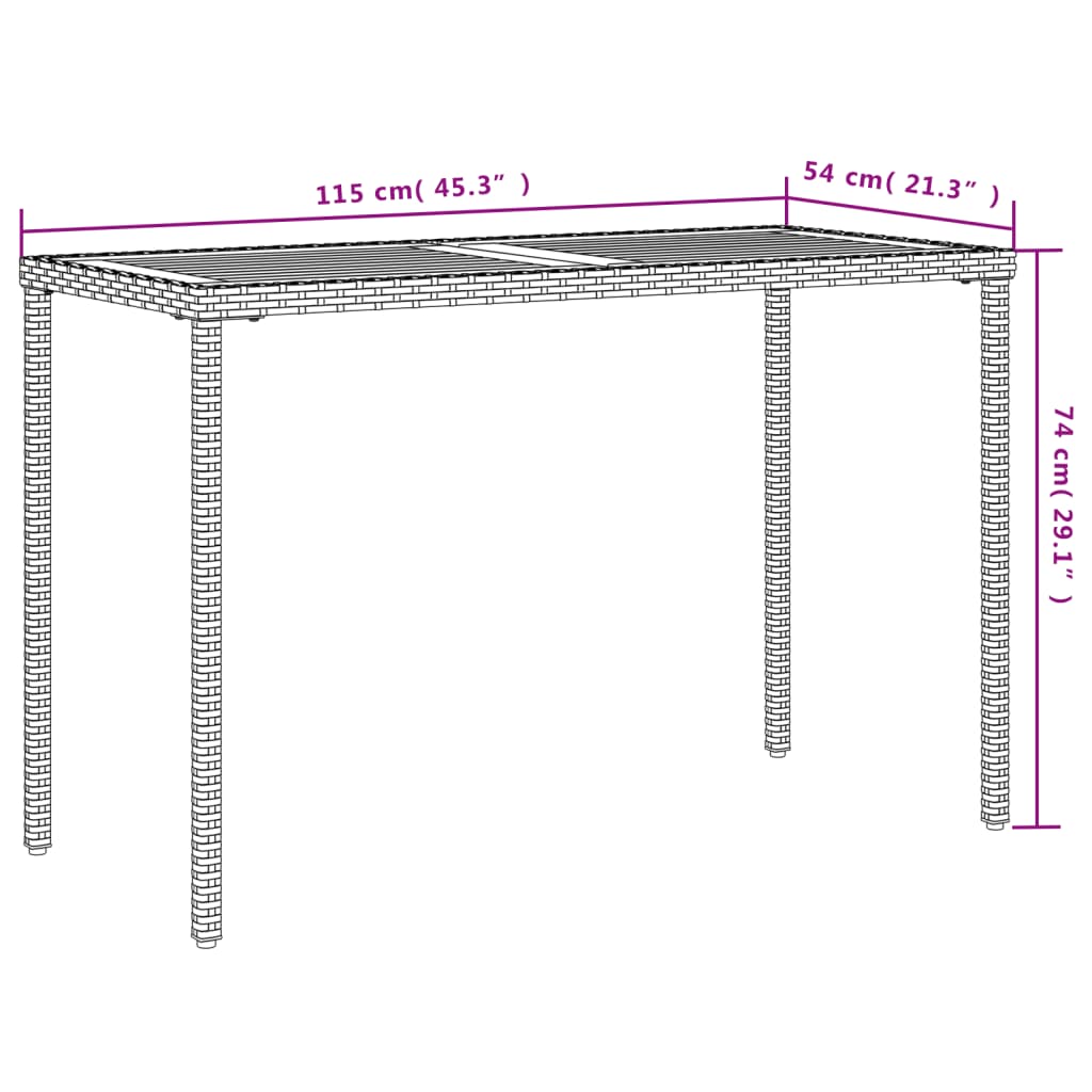 havebord med top i akacietræ 115x54x74 cm polyrattan sort