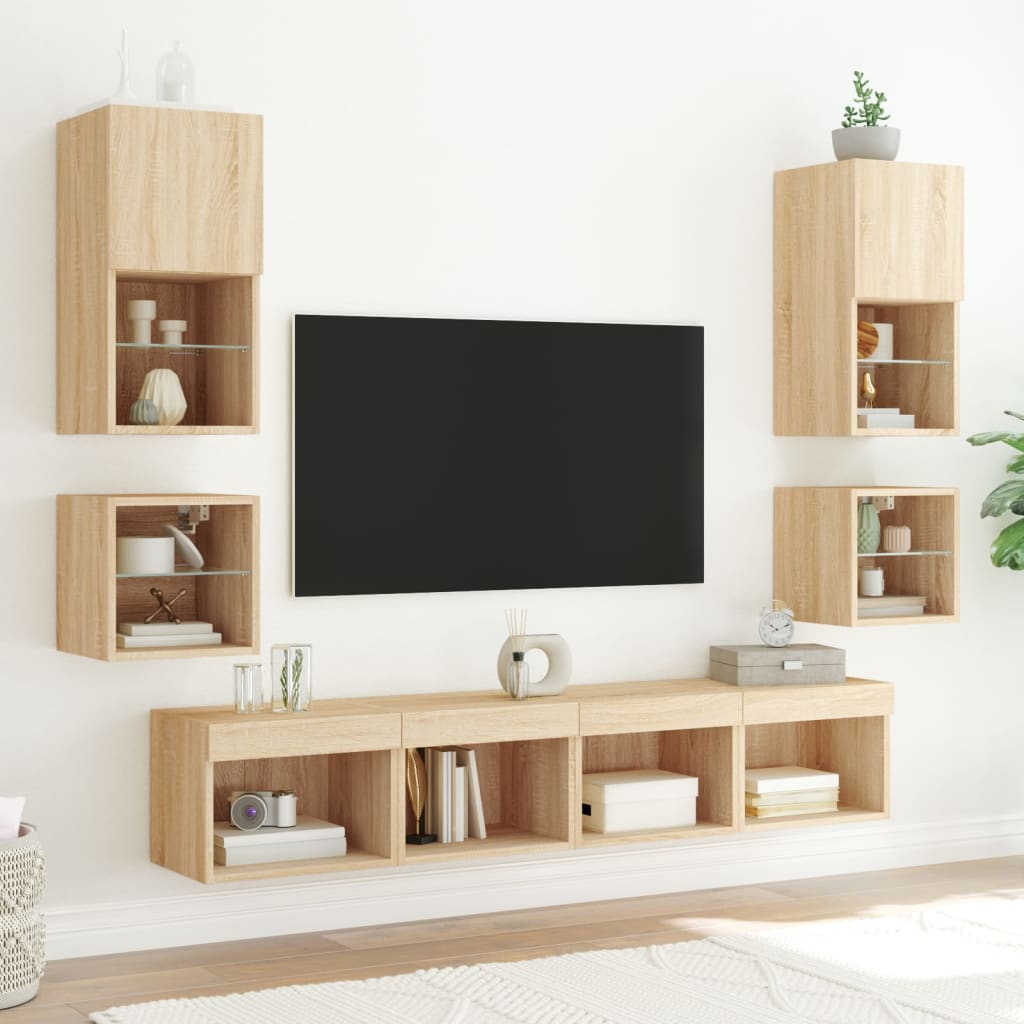 væghængte tv-borde 2 stk. med LED-lys 30x28,5x30 cm sonoma-eg