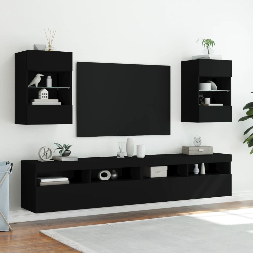 væghængt tv-bord med LED-lys 40x30x60,5 cm sort