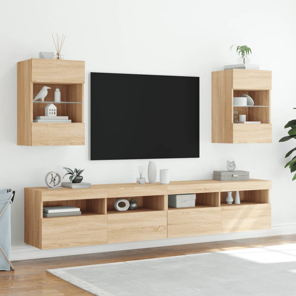 væghængt tv-bord med LED-lys 40x30x60,5 cm sonoma-eg