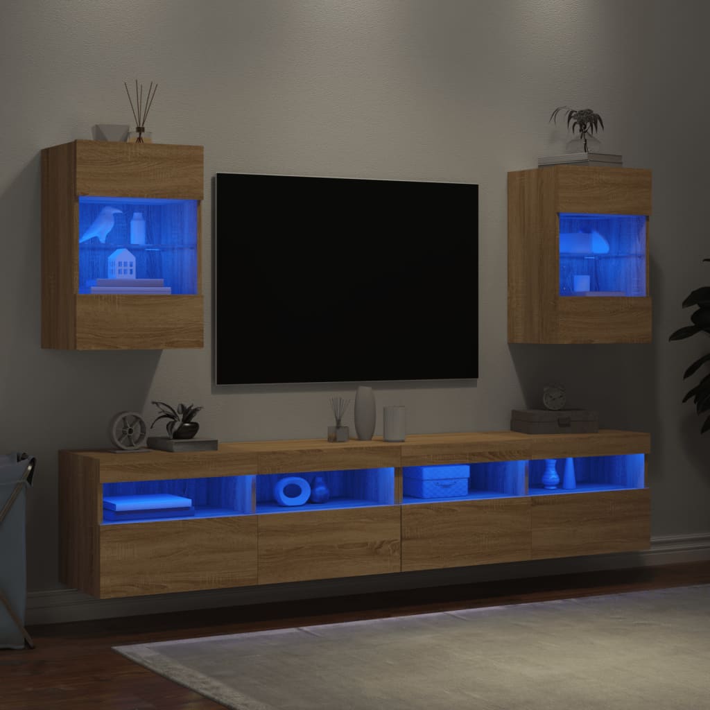 væghængte tv-borde 2 stk. med LED-lys 40x30x60,5 cm sonoma-eg