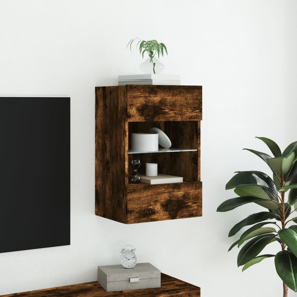 væghængt tv-bord med LED-lys 40x30x60,5 cm røget egetræsfarve