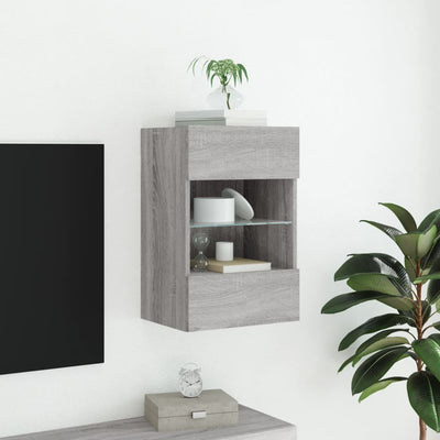 væghængt tv-bord m. LED-lys 40x30x60,5 cm grå sonoma-eg