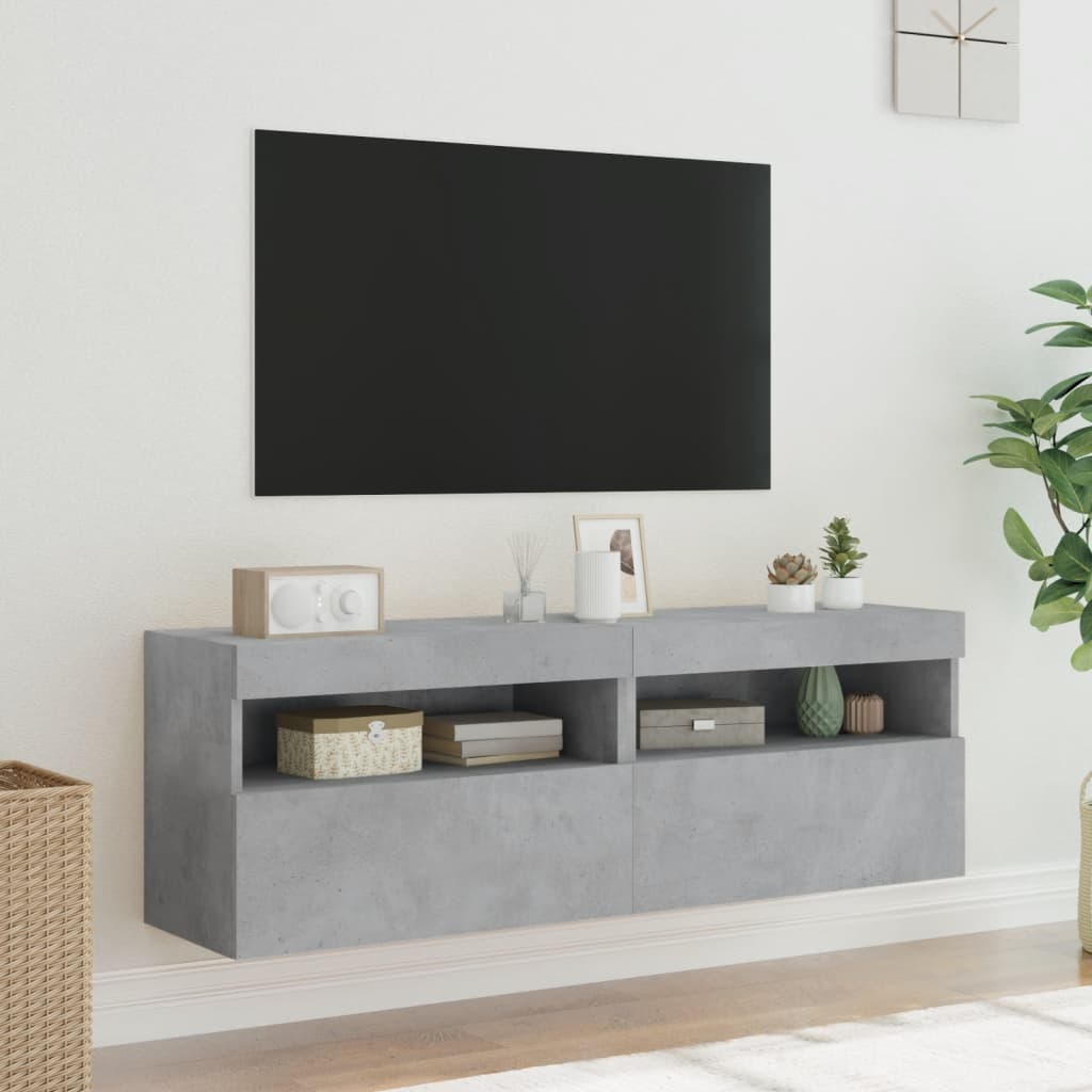 væghængte tv-borde 2 stk. med LED-lys 60x30x40 cm betongrå