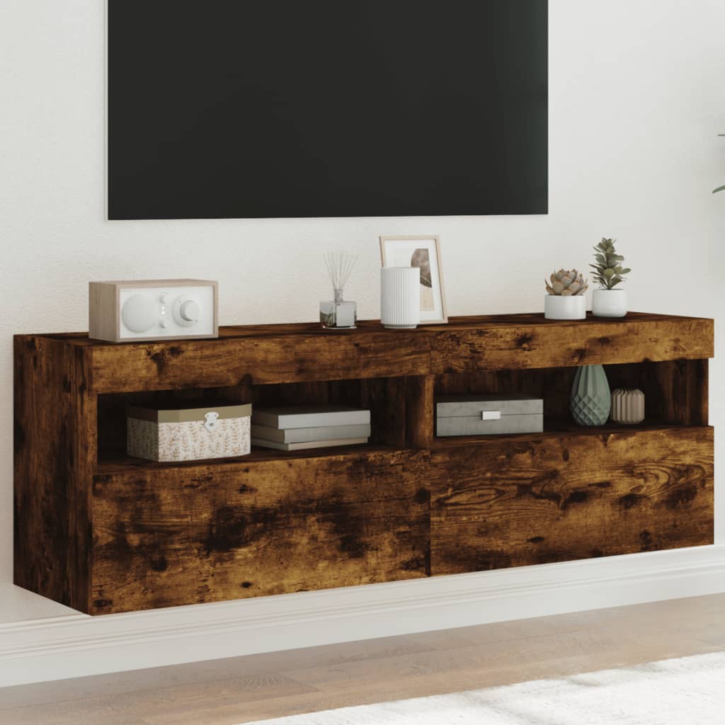 væghængte tv-borde 2 stk. med LED-lys 60x30x40 cm røget eg