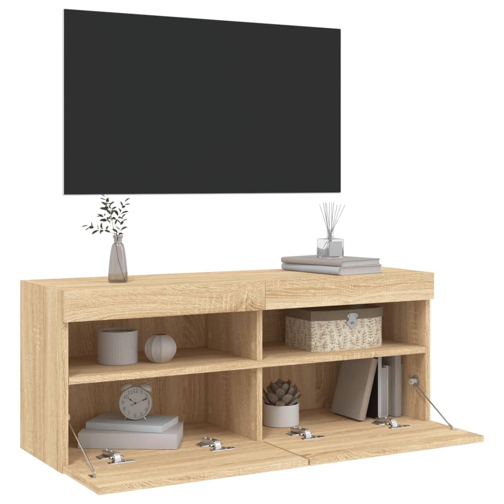 væghængt tv-bord med LED-lys 100x30x40 cm sonoma-eg