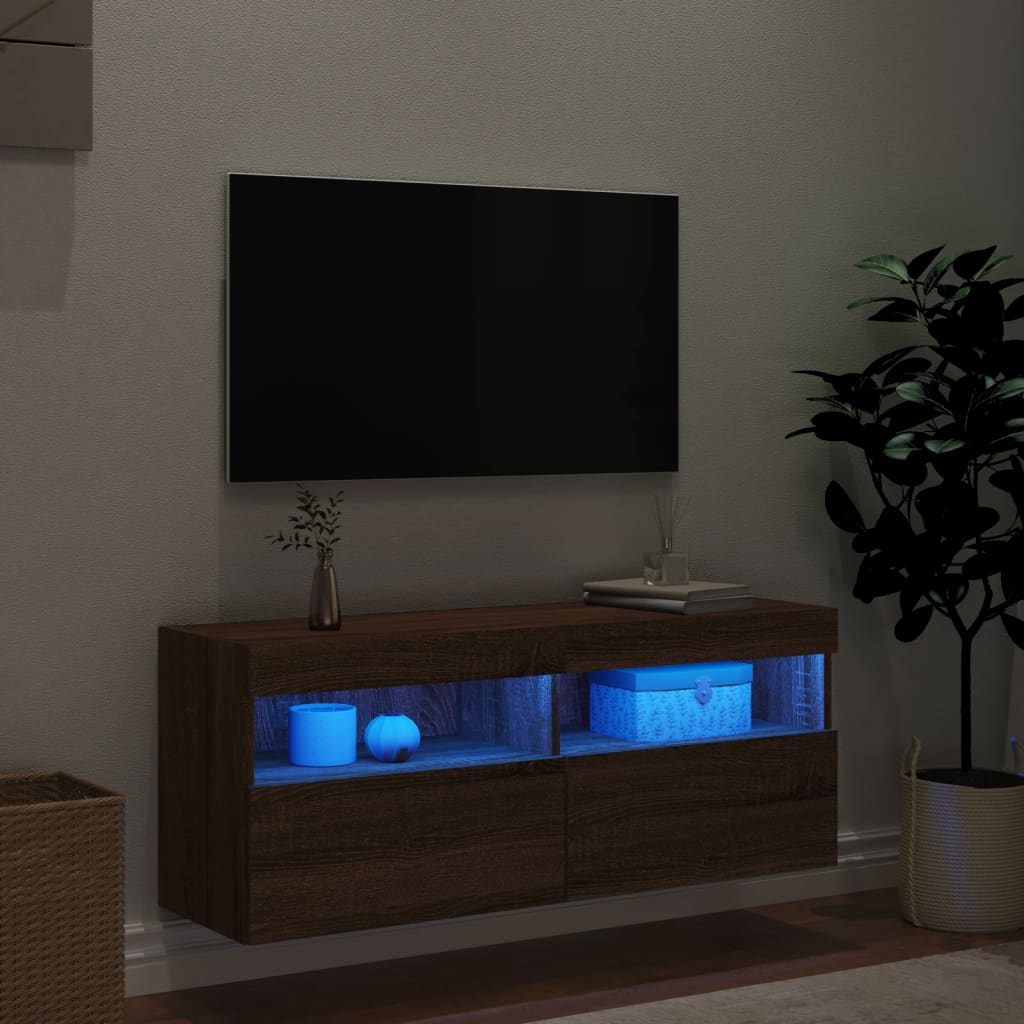 væghængt tv-bord med LED-lys 100x30x40 cm brun egetræsfarve