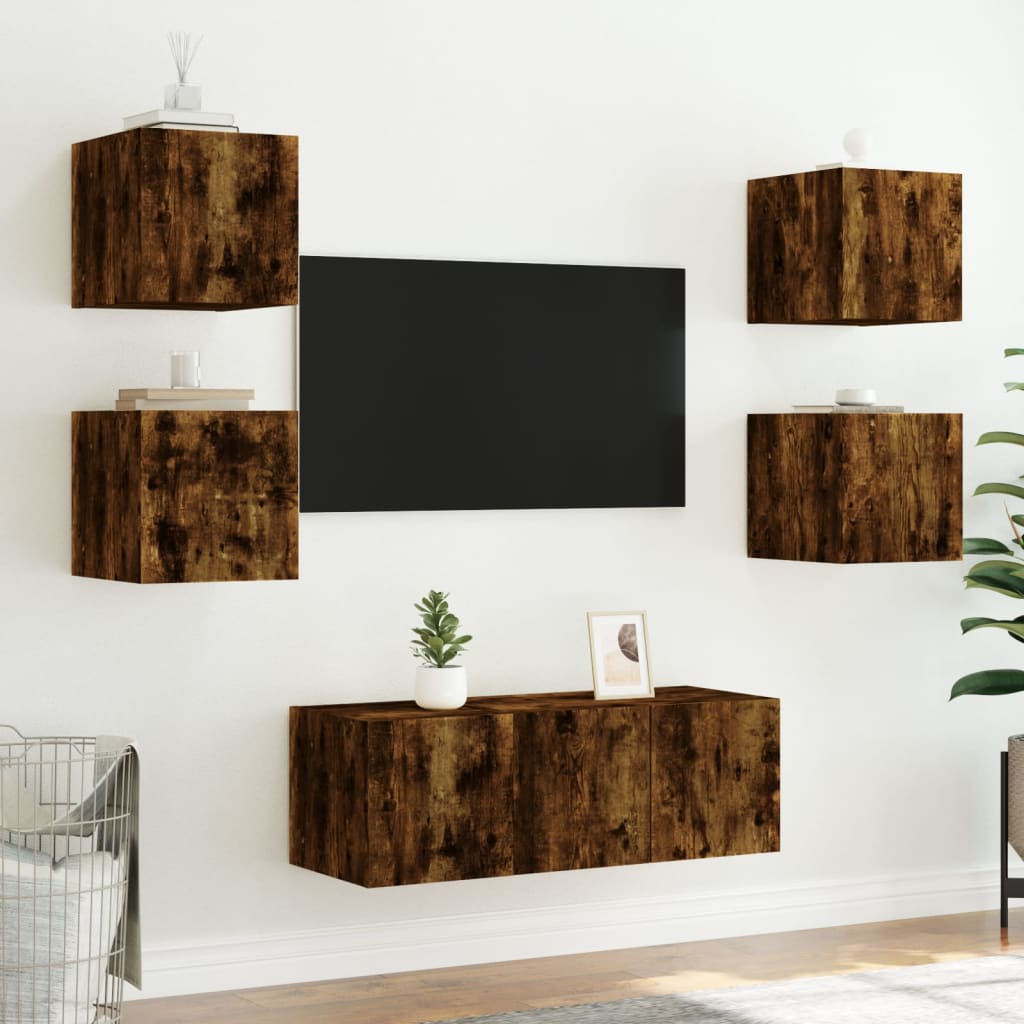 væghængte tv-borde 2 stk. med LED-lys 30,5x35x30 cm røget eg