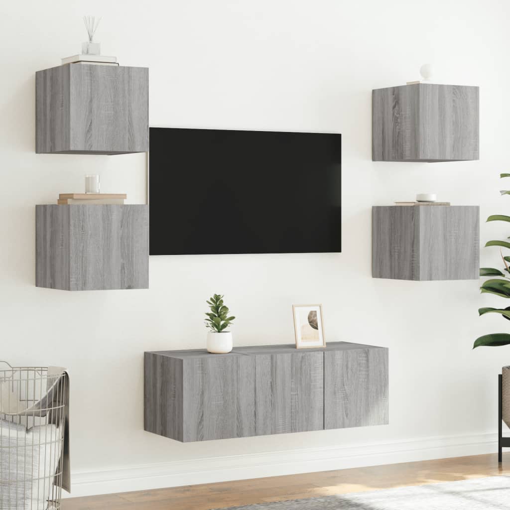 væghængte tv-borde 2 stk. LED-lys 30,5x35x30 cm grå sonoma-eg