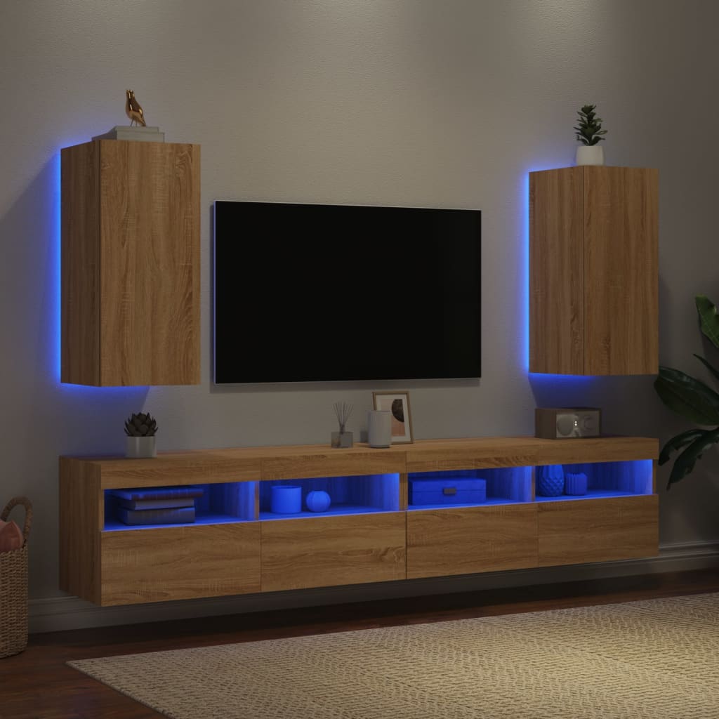 væghængte tv-borde 2 stk. med LED-lys 30,5x35x70 cm sonoma-eg