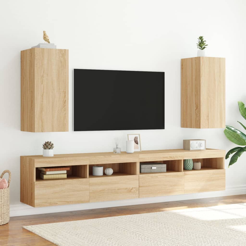 væghængte tv-borde 2 stk. med LED-lys 30,5x35x70 cm sonoma-eg