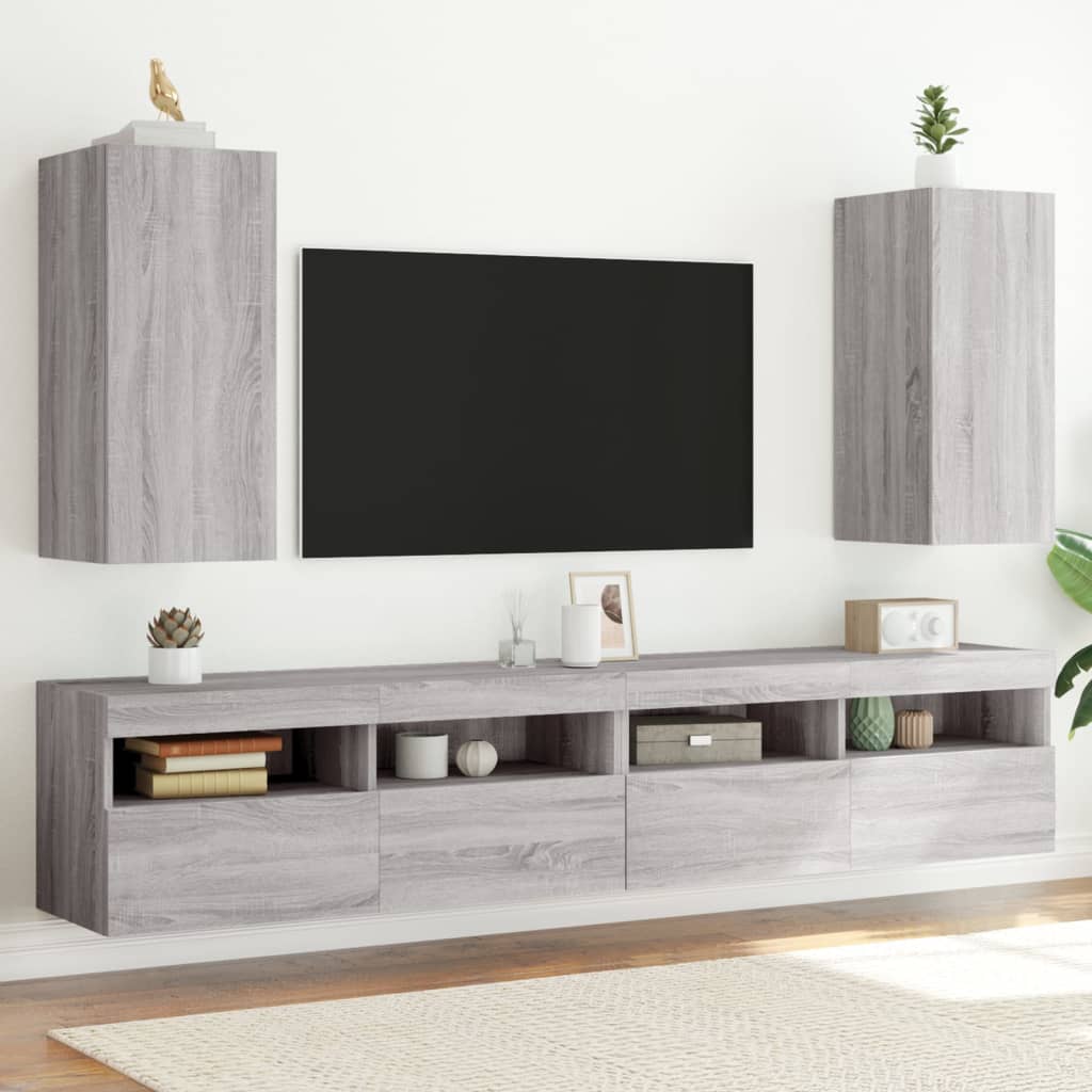 væghængte tv-borde 2 stk. LED-lys 30,5x35x70 cm grå sonoma-eg