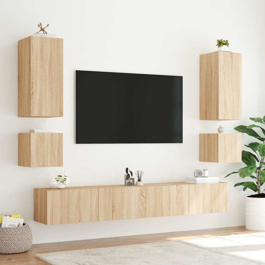 væghængt tv-bord med LED-lys 40,5x35x40 cm sonoma-eg