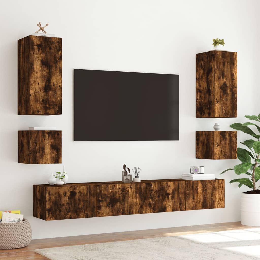 væghængte tv-borde 2 stk. med LED-lys 40,5x35x40 cm røget eg