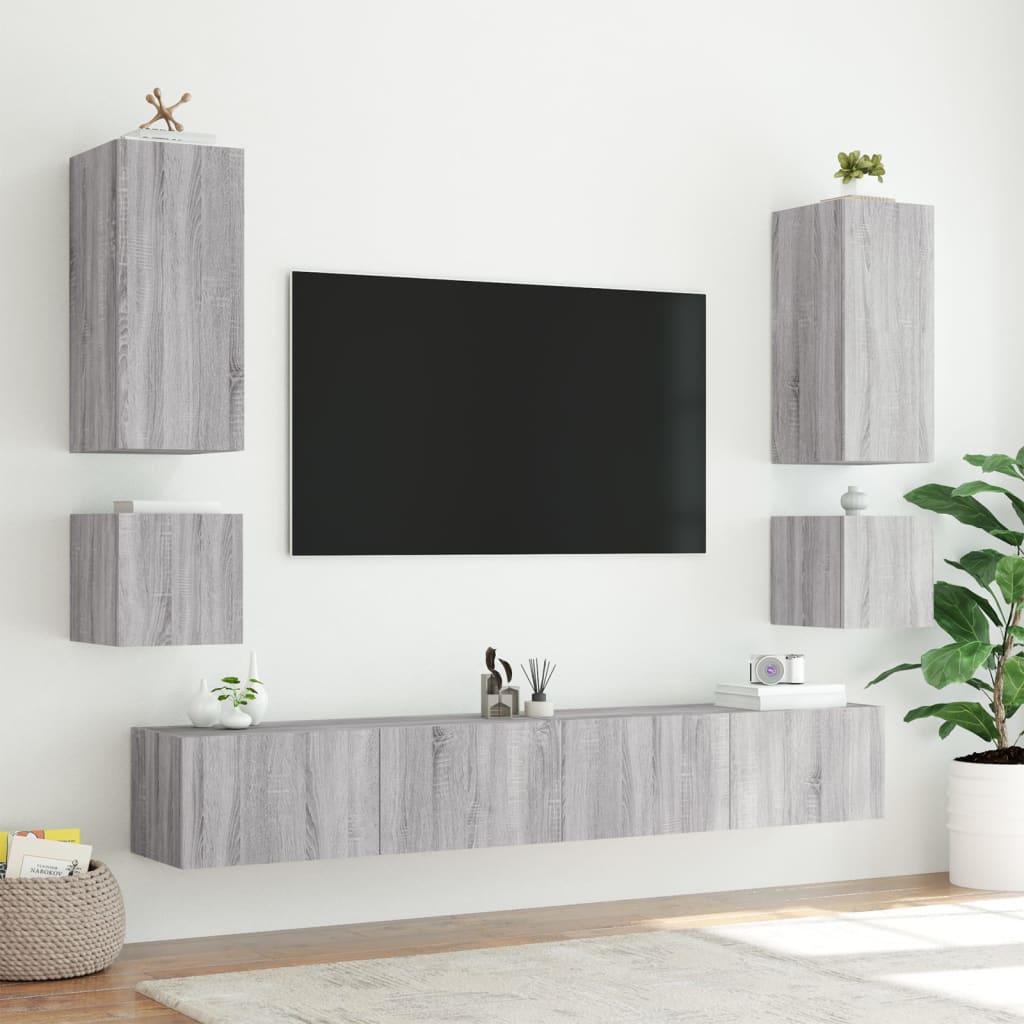 væghængt tv-bord med LED-lys 40,5x35x40 cm grå sonoma-eg