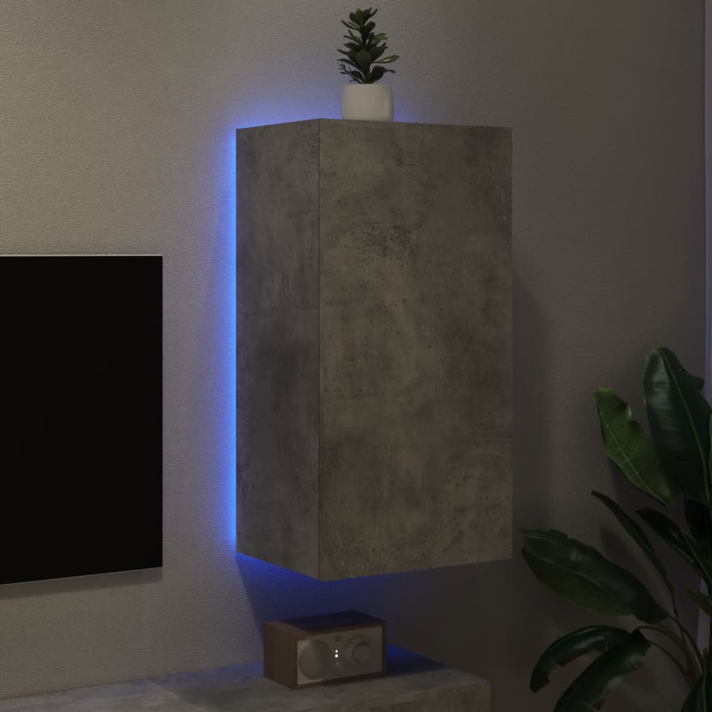 væghængt tv-bord med LED-lys 40,5x35x80 cm betongrå