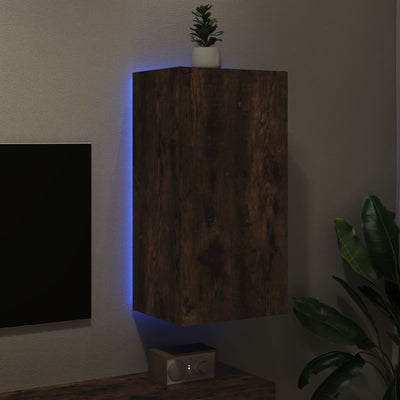 væghængt tv-bord med LED-lys 40,5x35x80 cm røget egetræsfarve