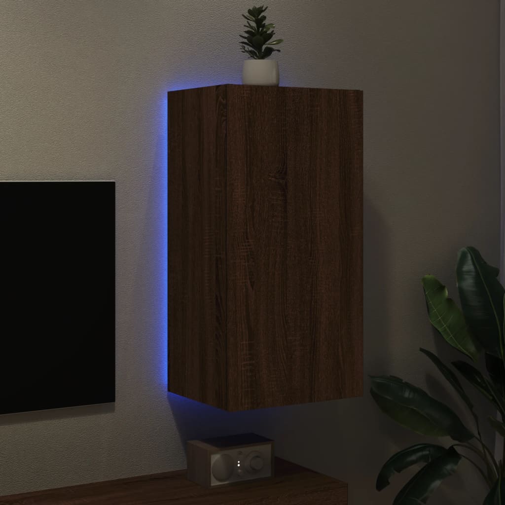 væghængt tv-bord med LED-lys 40,5x35x80 cm brun egetræsfarve