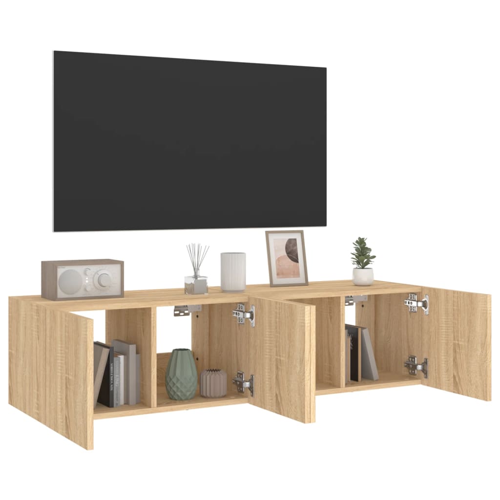 væghængte tv-borde 2 stk. med LED-lys 60x35x31 cm sonoma-eg