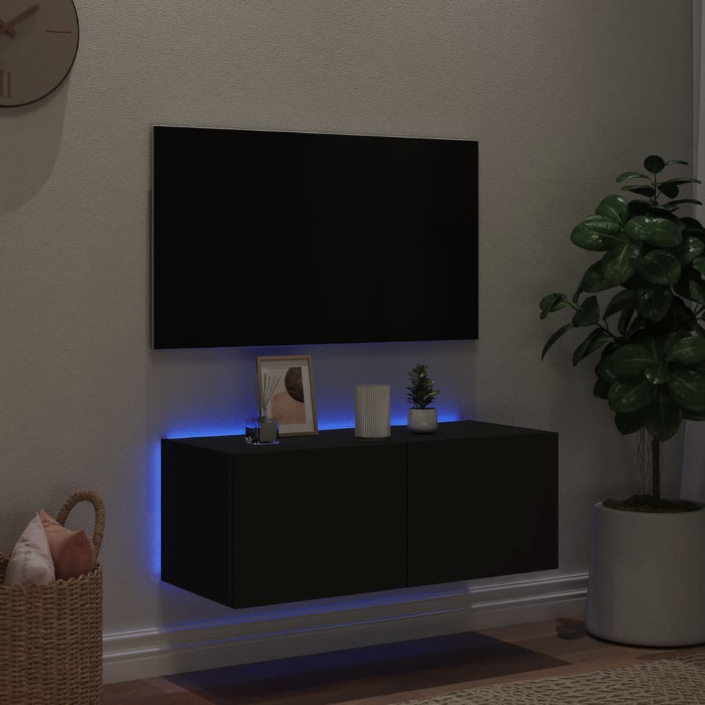 væghængt tv-bord med LED-lys 80x35x31 cm sort