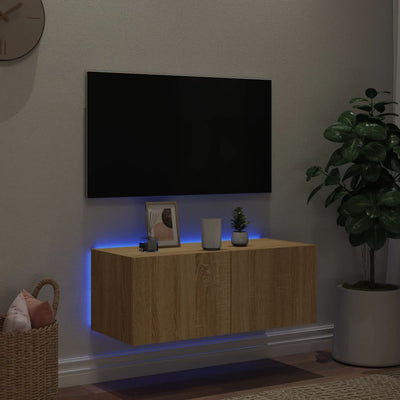 væghængt tv-bord med LED-lys 80x35x31 cm sonoma-eg