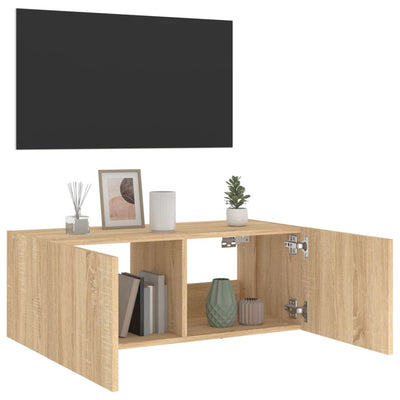 væghængt tv-bord med LED-lys 80x35x31 cm sonoma-eg