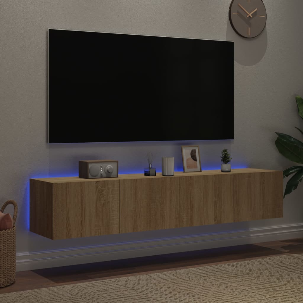 væghængte tv-borde 2 stk. med LED-lys 80x35x31 cm sonoma-eg