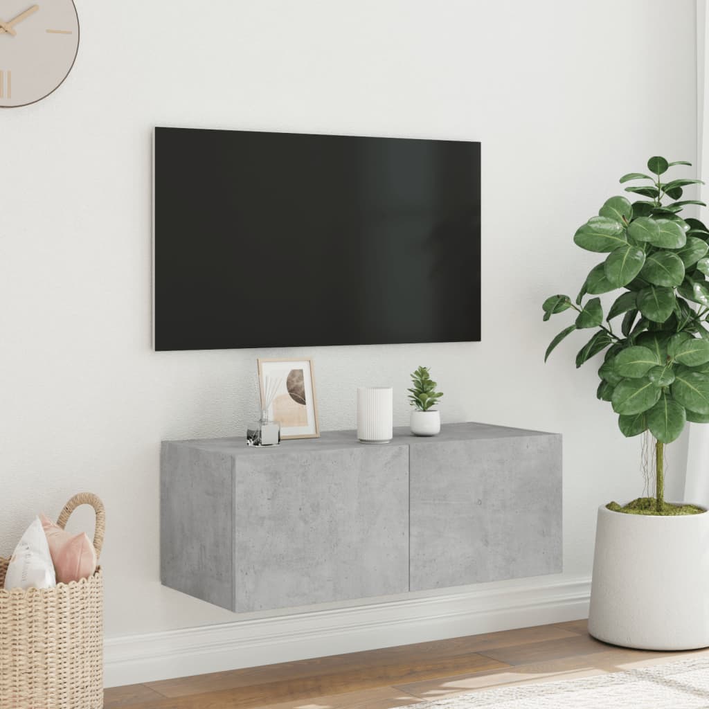 væghængt tv-bord med LED-lys 80x35x31 cm betongrå