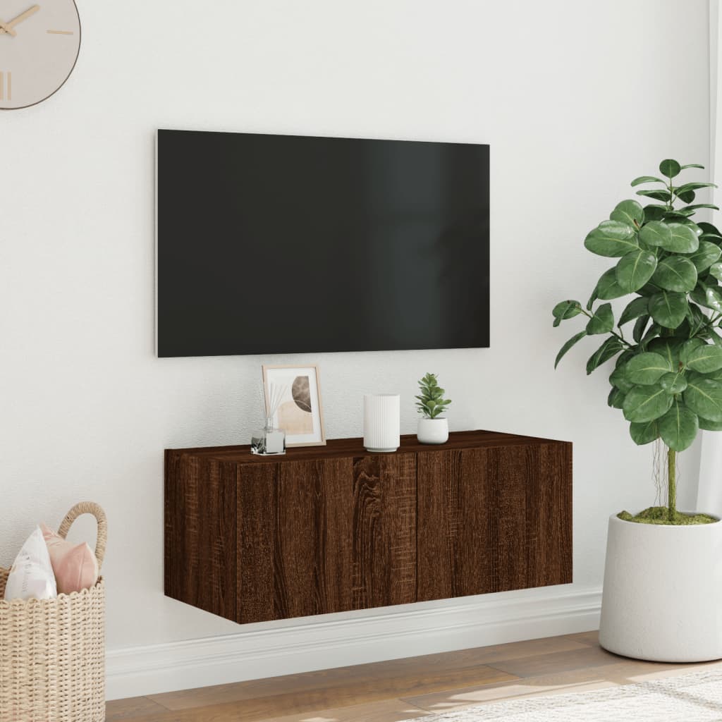 væghængt tv-bord med LED-lys 80x35x31 cm brun egetræsfarve