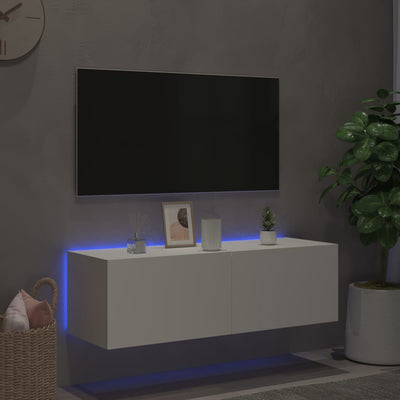 væghængt tv-bord med LED-lys 100x35x31 cm hvid