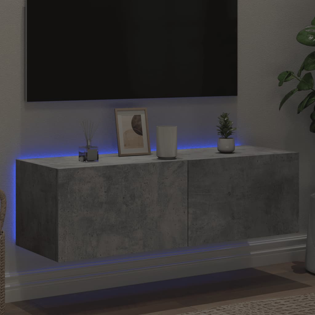 væghængt tv-bord med LED-lys 100x35x31 cm betongrå