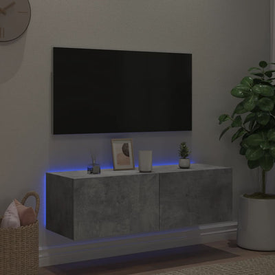 væghængt tv-bord med LED-lys 100x35x31 cm betongrå