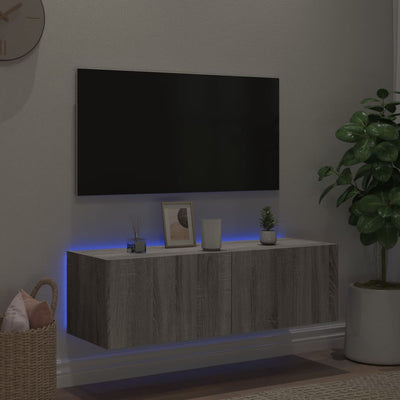 væghængt tv-bord m. LED-lys 100x35x31 cm grå sonoma-eg