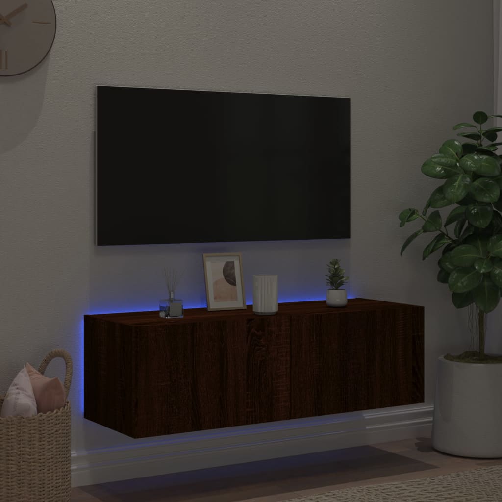 væghængt tv-bord med LED-lys 100x35x31 cm brun egetræsfarve