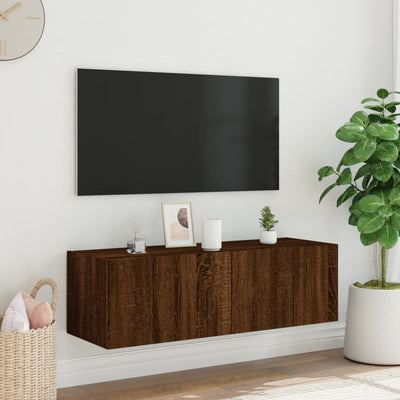 væghængt tv-bord med LED-lys 100x35x31 cm brun egetræsfarve