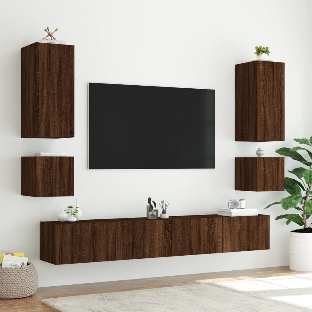 væghængt tv-bord med LED-lys 100x35x31 cm brun egetræsfarve