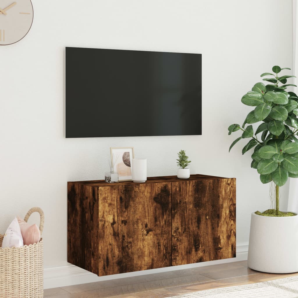 væghængt tv-bord med LED-lys 80x35x41 cm røget egetræsfarve