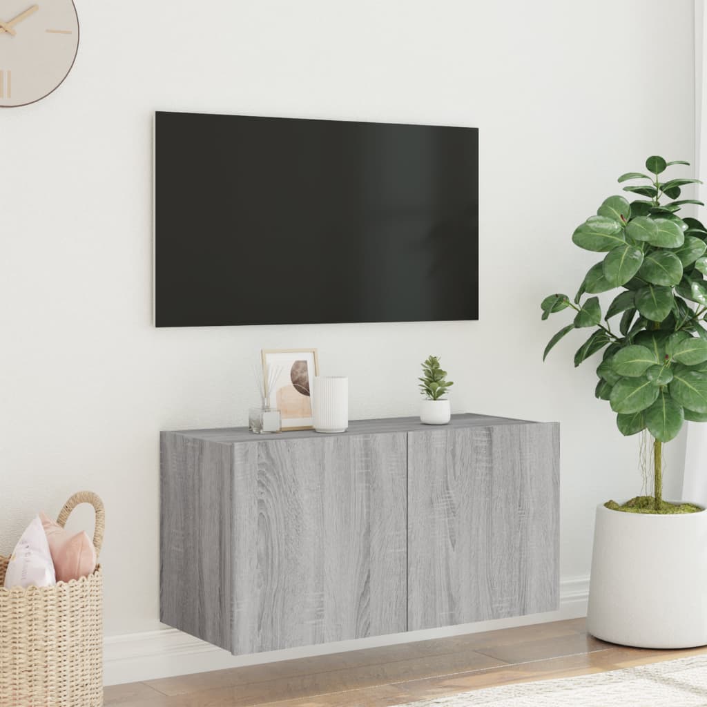 væghængt tv-bord m. LED-lys 80x35x41 cm grå sonoma-eg