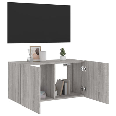 væghængt tv-bord m. LED-lys 80x35x41 cm grå sonoma-eg