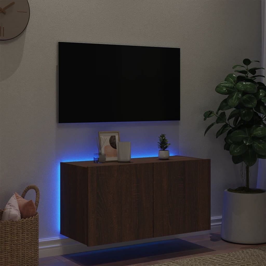 væghængt tv-bord med LED-lys 80x35x41 cm brun egetræsfarve