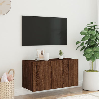 væghængt tv-bord med LED-lys 80x35x41 cm brun egetræsfarve