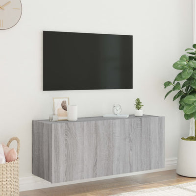 væghængt tv-bord m. LED-lys 100x35x41 cm grå sonoma-eg