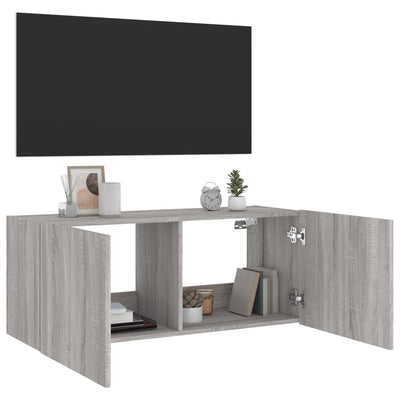 væghængt tv-bord m. LED-lys 100x35x41 cm grå sonoma-eg