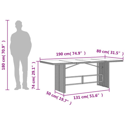 havebord med glastop 190x80x74 cm polyrattan sort